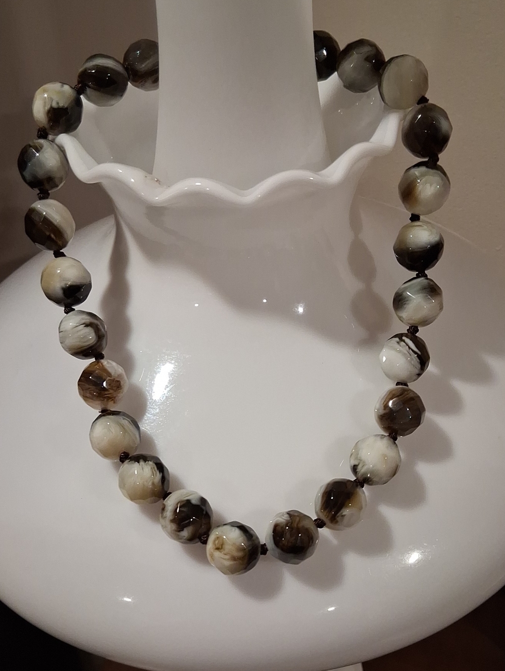 Neutral Toned Beaded Necklace - Cream and Brown Swirling Glass Aka Slag Glass